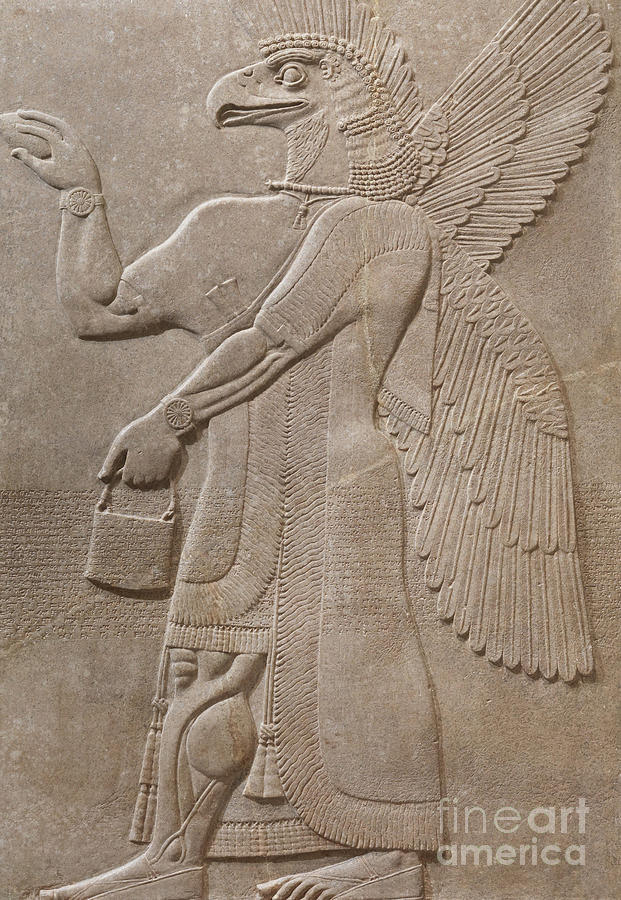 Relief panel of winged eagle-headed supernatural figure Relief by Neo Assyrian School
