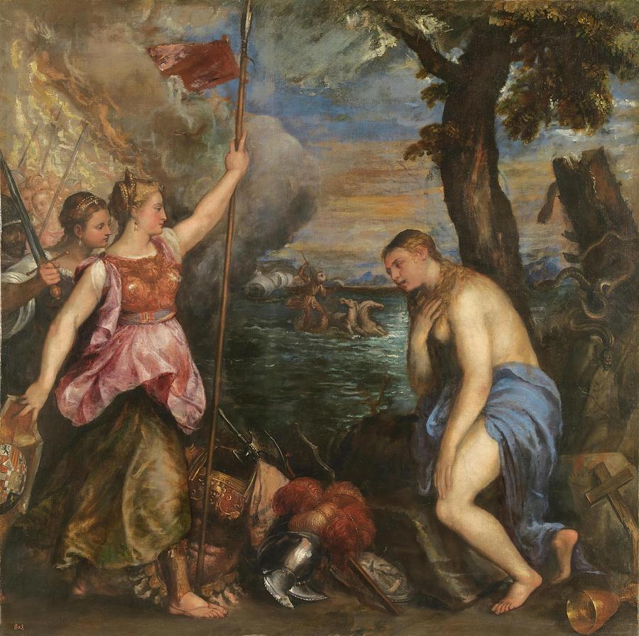 Religion Saved by Spain, 1572-1575, Italian School, Oil on canva... Painting by Titian -c 1485-1576-