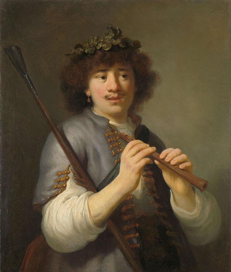 Rembrandt as Shepherd with Staff and Flute. Painting by Govert Flinck -mentioned on object-