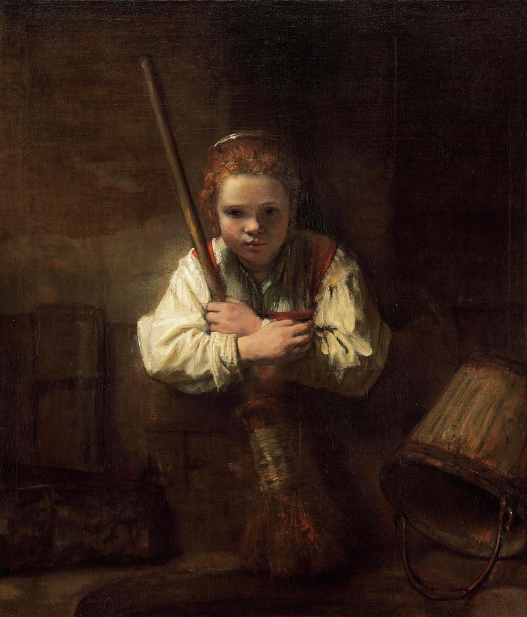 Rembrandt Workshop -Possibly Carel Fabritius- A Girl with a Broom. Painting by Rembrandt Workshop -Possibly Carel Fabritius-