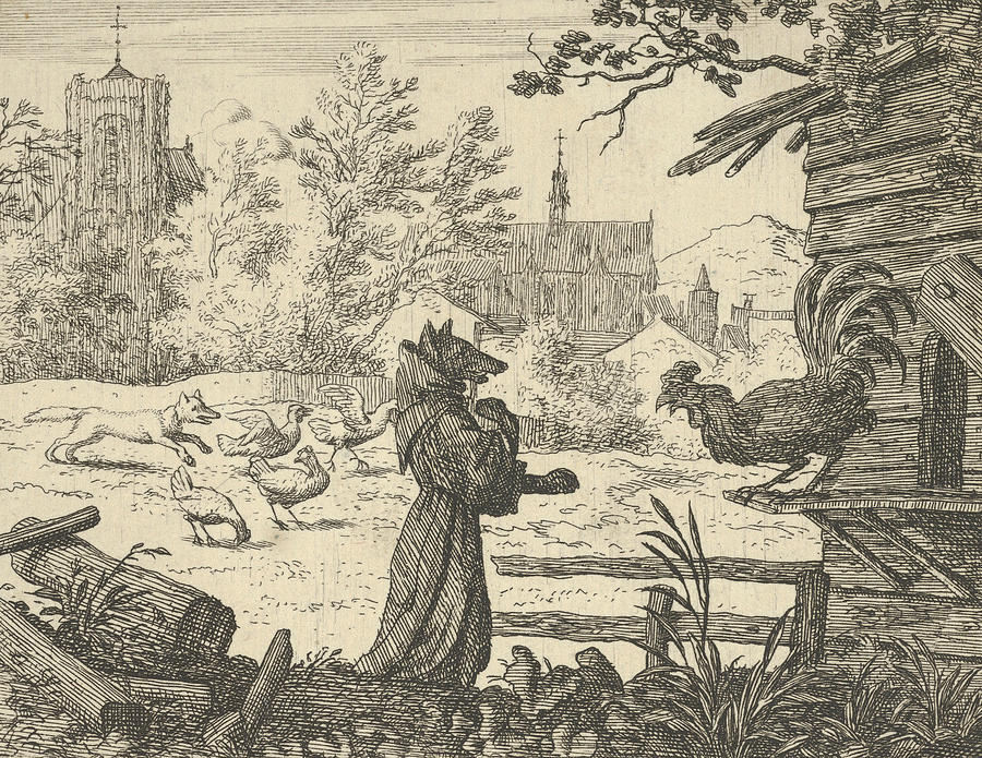 Renard, Disguised as a Monk, Gains the Confidence of the Rooster Relief by Allaert van Everdingen