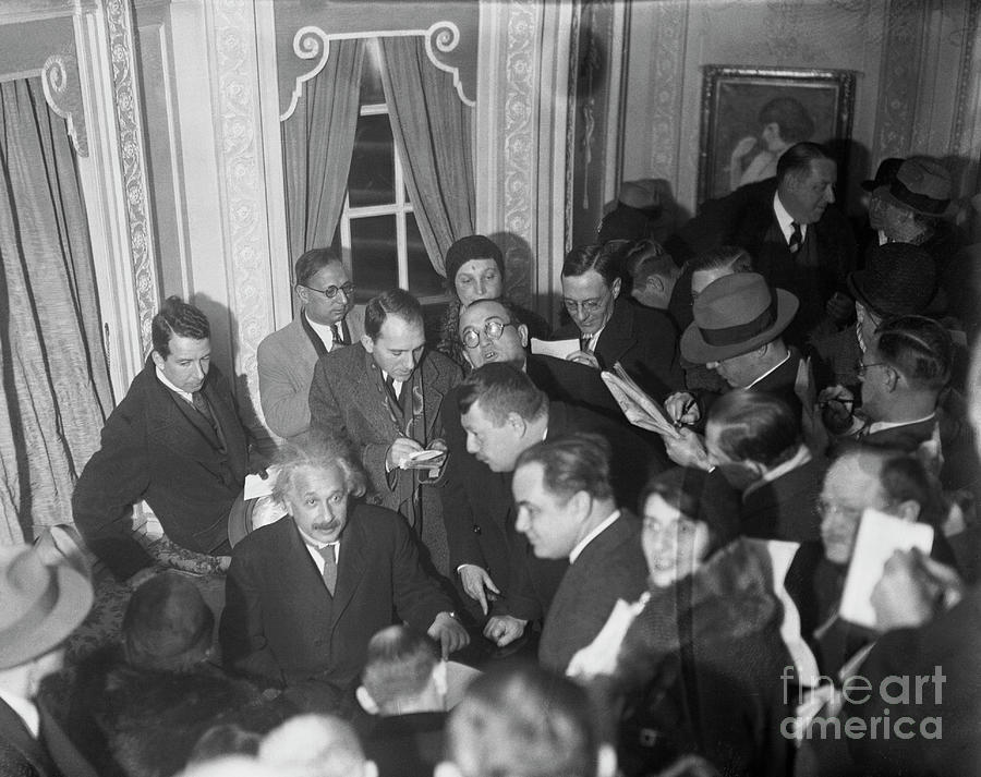 Albert Einstein Photograph - Reporters Surrounding Physicist Albert by Bettmann