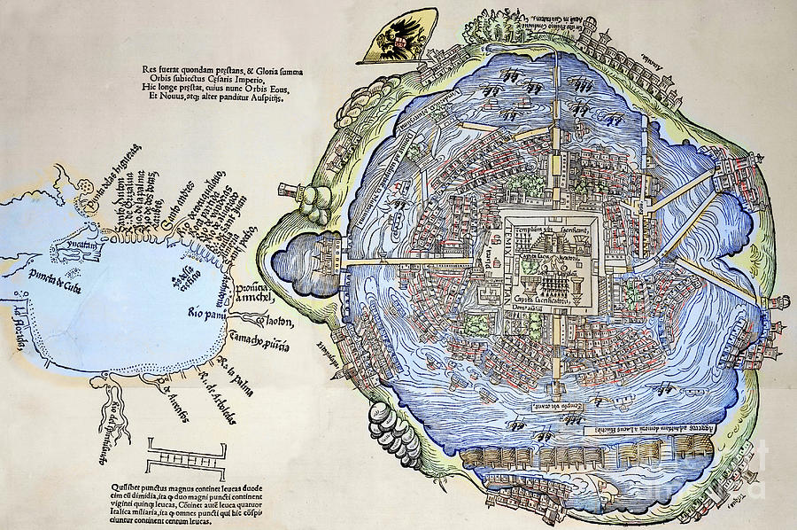Representation of the Aztec capital Tenochtitlan Drawing by Spanish School