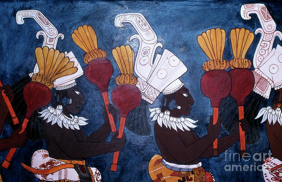 Mayan Painting - Reproduction Of A Mural Showing Musicians With Rattles During A Ceremony, From The Temple Of Murals, Bonampak by Mayan