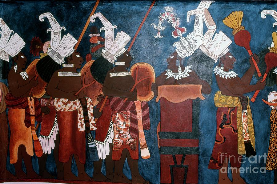 Mayan Painting - Reproduction Of A Mural Showing Servants And Musicians During A Ceremony, From The Temple Of Murals, Bonampak by Mayan