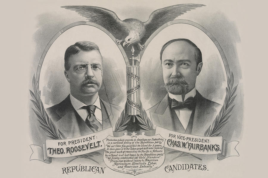 Election Painting - Republican Candidates. For President, Theo. Roosevelt. For Vice President, Chas. W. Fairbanks by Kurz