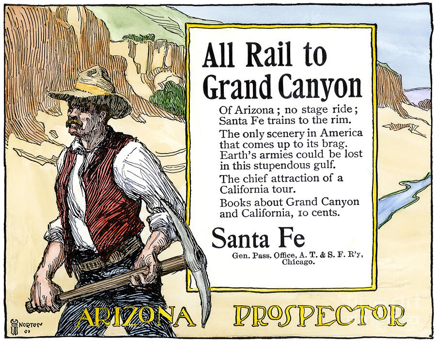 Researcher Drawing - Researcher In Arizona And Grand Canyon Appearing On An Advertisement For The Santa Fe Railway Around 1900 Colour Engraving Of The 19th Century by American School