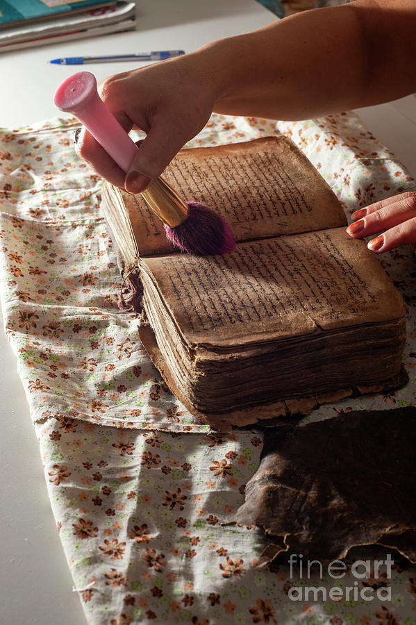 Book Photograph - Restorer Working On A Deteriorated Old Book by Marco Ansaloni / Science Photo Library
