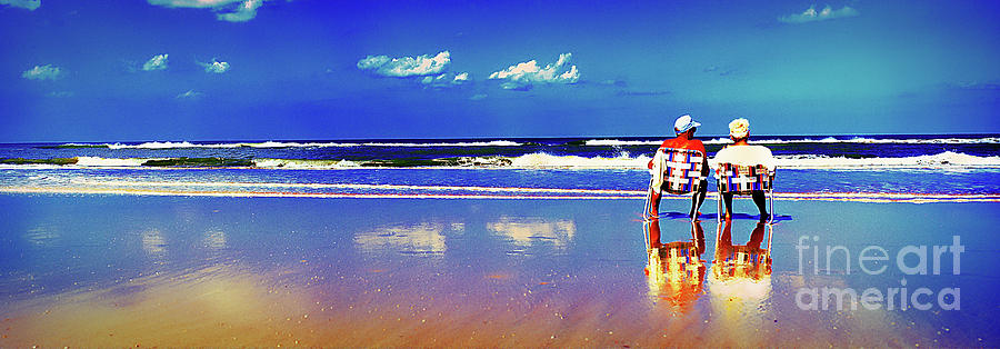 Beach Photograph - Retieiees Lawn Chairs On The Beach Surf  by Tom Jelen