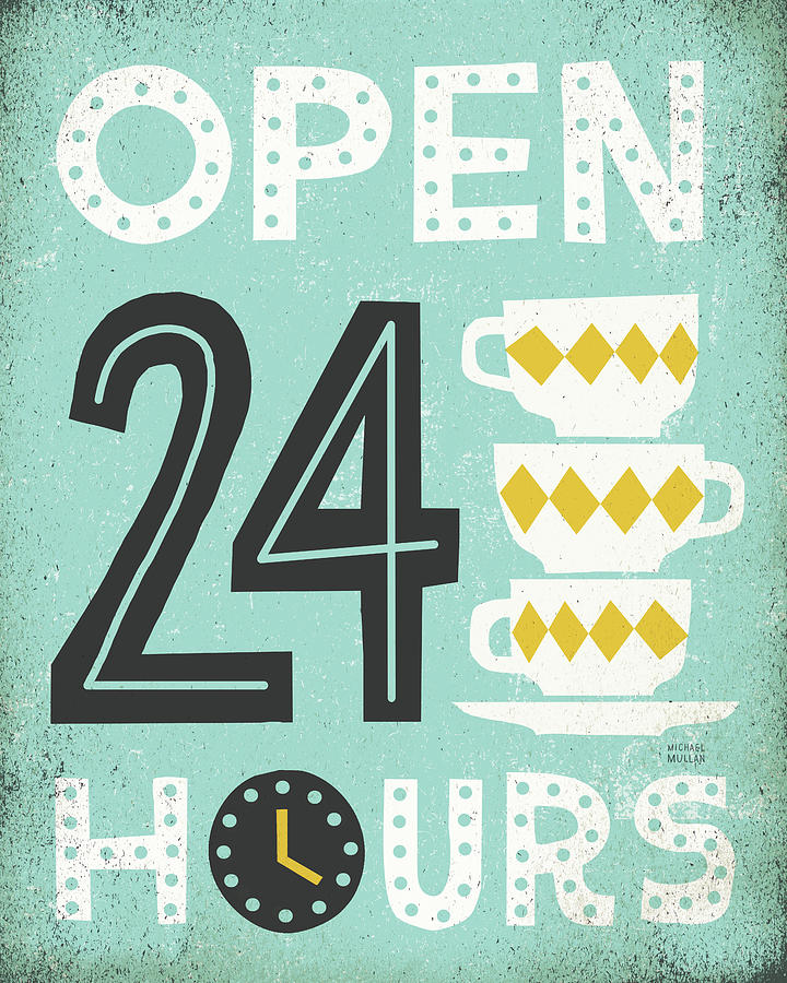 Clock Drawing - Retro Diner Open 24 Hours by Michael Mullan