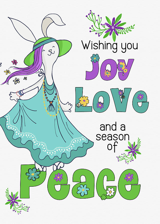 Retro Hippie Joy Love and Peace Dancing Holiday Bunny Digital Art by Doreen Erhardt
