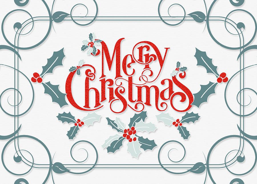 Retro Holly Swirls Christmas Typography Digital Art by Doreen Erhardt