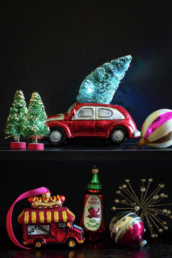 Retro-style Christmas Decorations On Shelf Photograph by Eising Studio