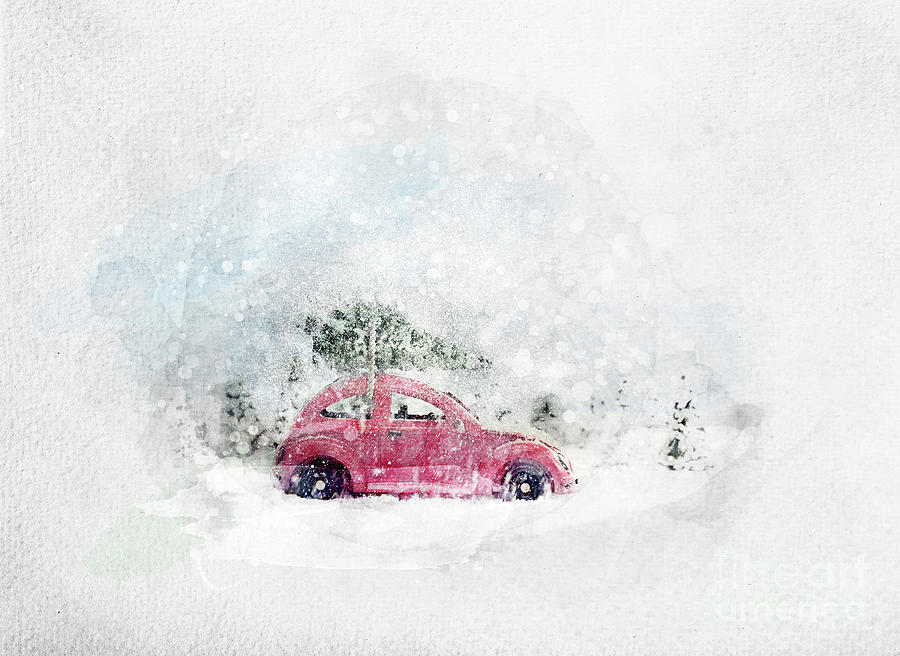 Retro toy car carrying tiny Christmas tree. Watercolor. Photograph by Michal Bednarek