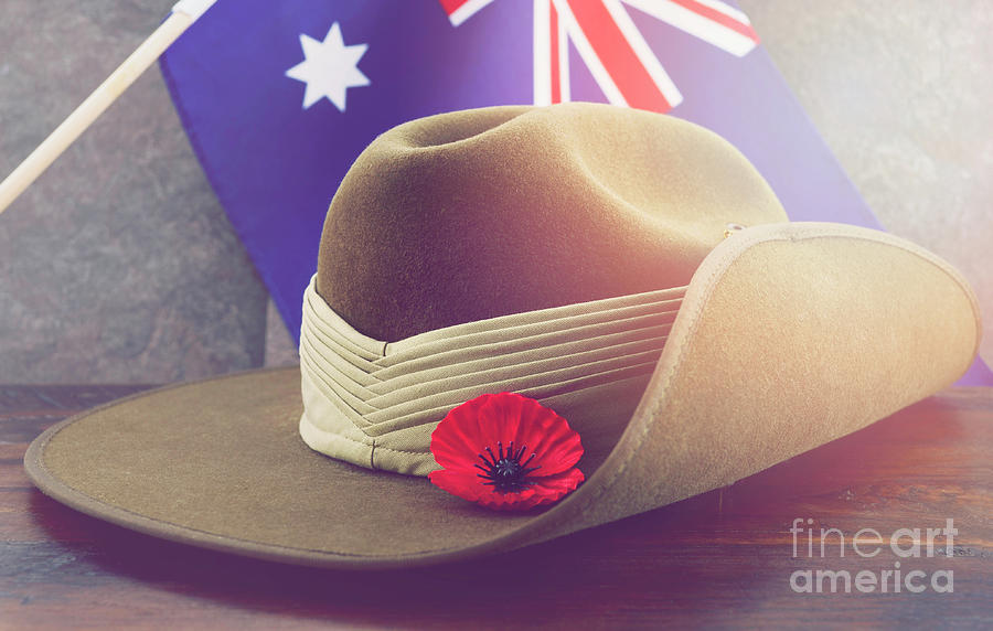 Retro vintage ANZAC slouch hat with flag.  Photograph by Milleflore Images
