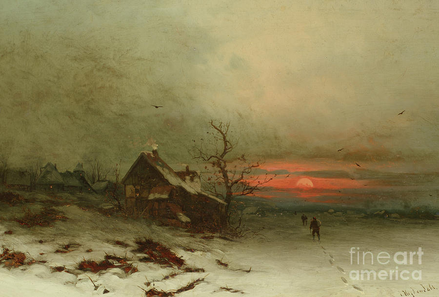 Snow Painting - Returning Home At Sunset by Friedrich Nicolai Joseph Heydendahl Snow Painting - Returning Home At Sunset by Friedrich Nicolai Joseph Heydendahl