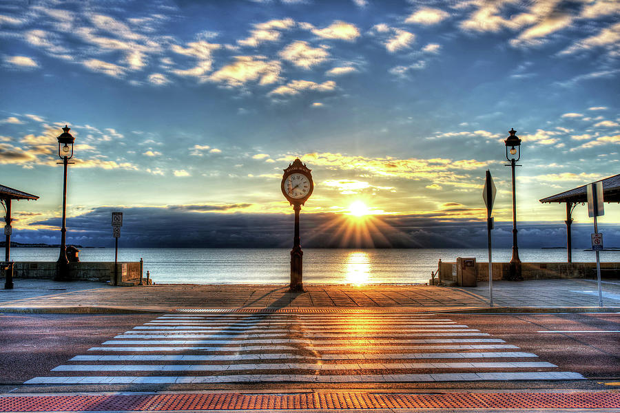 Beach Photograph - Revere Beach Clock at Sunrise Angled Long Shadow Revere MA by Toby McGuire