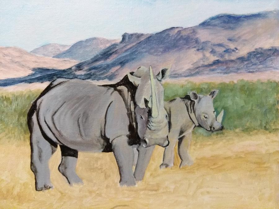 Rhino Mom And Baby Painting By Imogene Dewey - Pixels