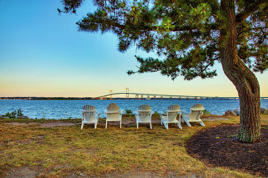 Rhode Island, Newport, Adirondack Chair Facing Claiborne Pell Bridge Over Narragansett Bay Digital Art by Lumiere