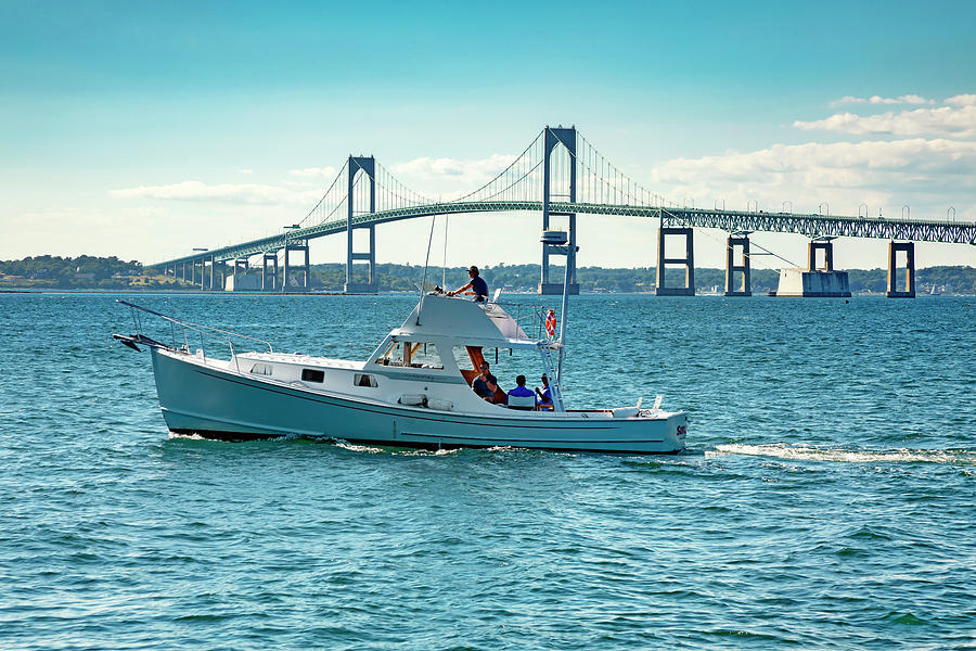 Rhode Island, Newport, Boating On Narragansett Bay With View Of Claiborne Pell Bridge Digital Art by Lumiere
