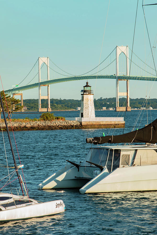 Rhode Island, Newport, Newport Harbor Lighthouse, And Claiborne Pell Bridge Digital Art by Lumiere