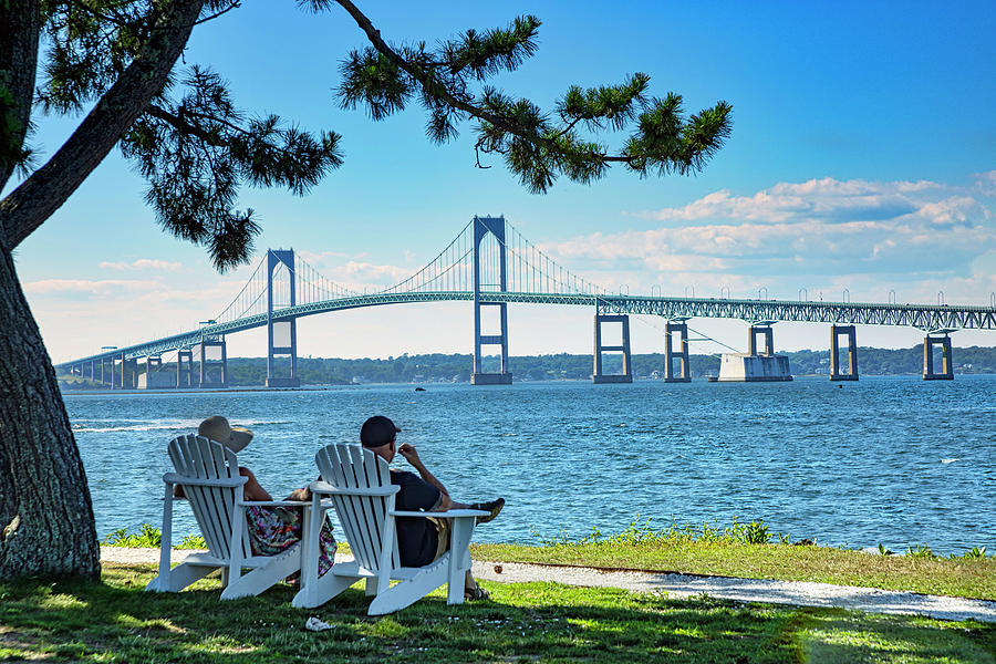 Rhode Island, Newport, People Relaxing On Goat Island With View Of Claiborne Pell Bridge Digital Art by Lumiere