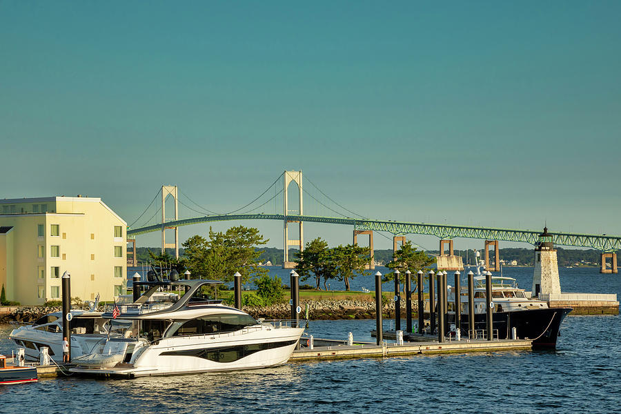 Rhode Island, Newport, View Of Gurneys Newport Resort & Marina With Claiborne Pell Bridge Digital Art by Lumiere