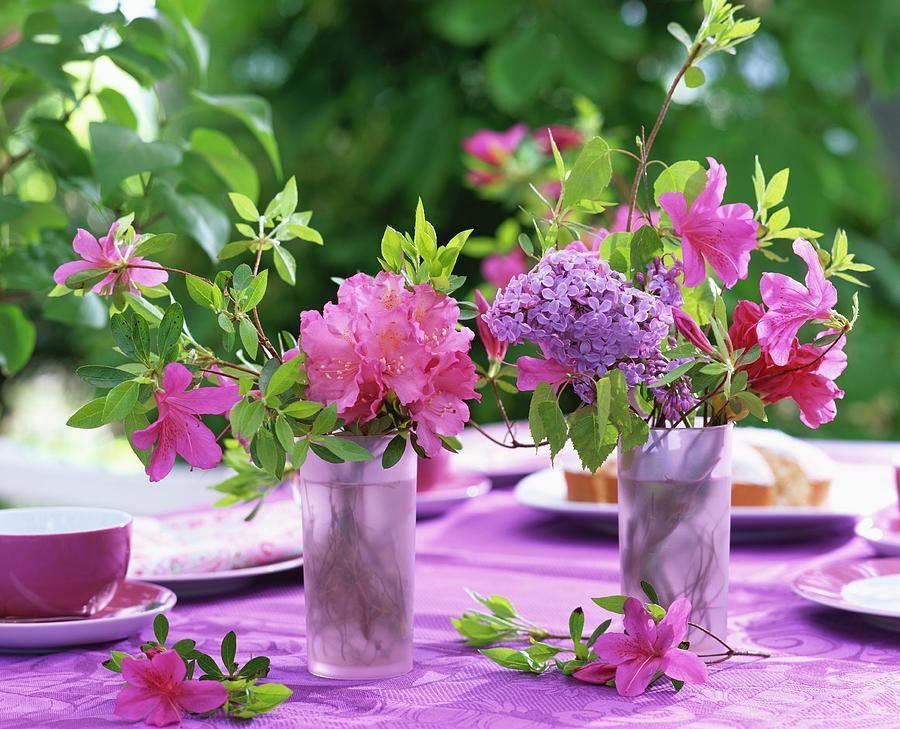 Rhododendrons, Azaleas & Lilac In Glasses On Table Laid For Coffee Photograph by Friedrich Strauss