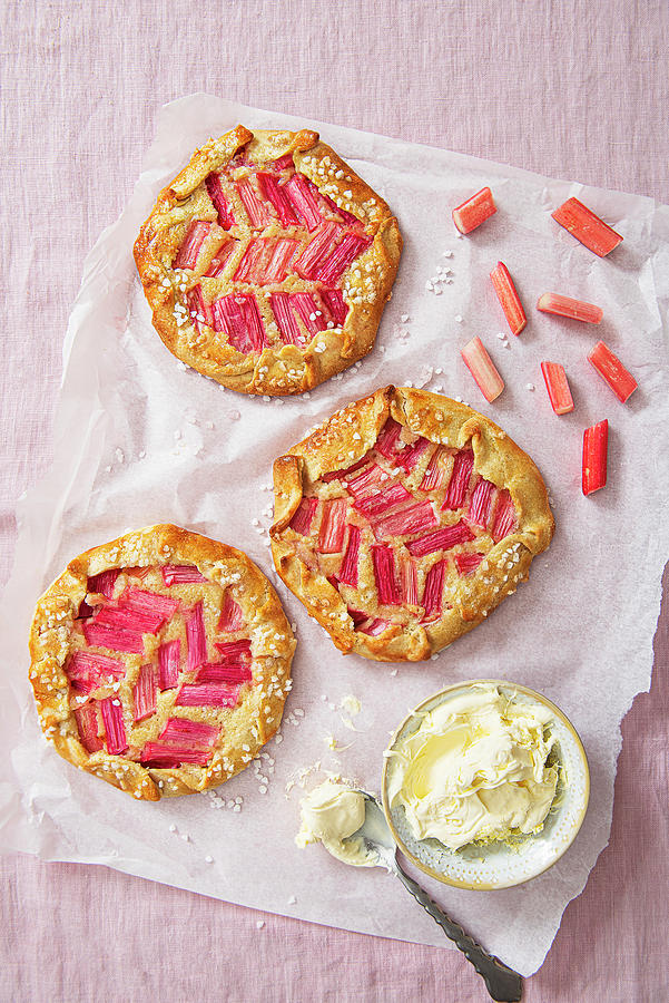 Rhubarb And Almond Galette With Clotted Cream, View From Above. Photograph by Magdalena Hendey