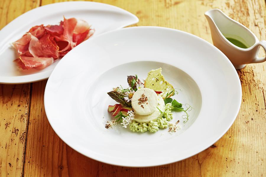 Rhubarb And Asparagus Salad With Ricotta Mousse And Cured Ham Photograph by Herbert Lehmann
