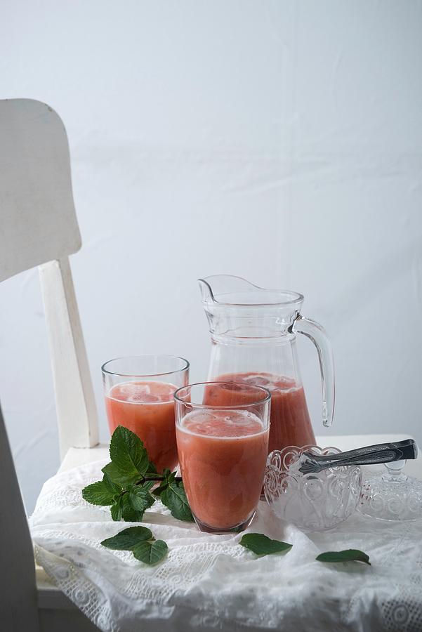 Rhubarb And Strawberry Smoothies With Fresh Mint Photograph by Kati Neudert