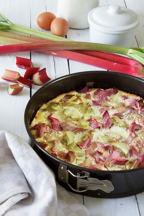 Rhubarb Cake With Sour Cream Topping In A Baking Tin Photograph by Catja Vedder