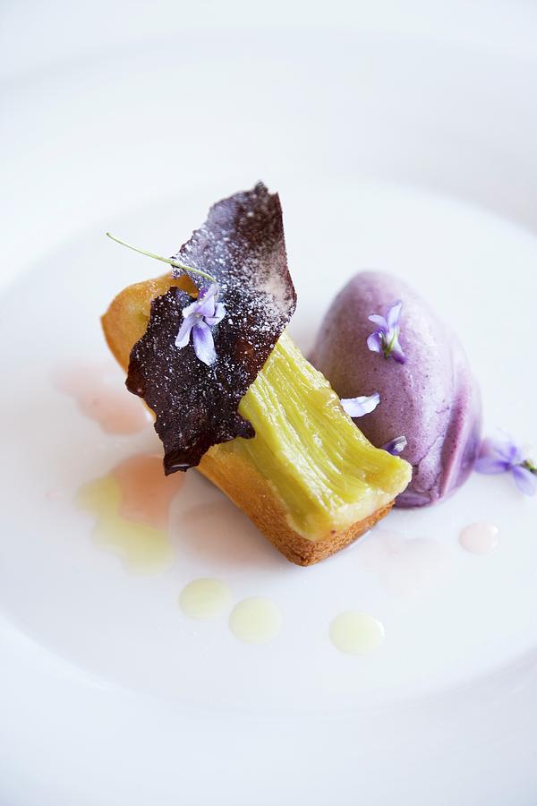 Rhubarb Cakes With Purple Violet Ice Cream Photograph by Michael Wissing