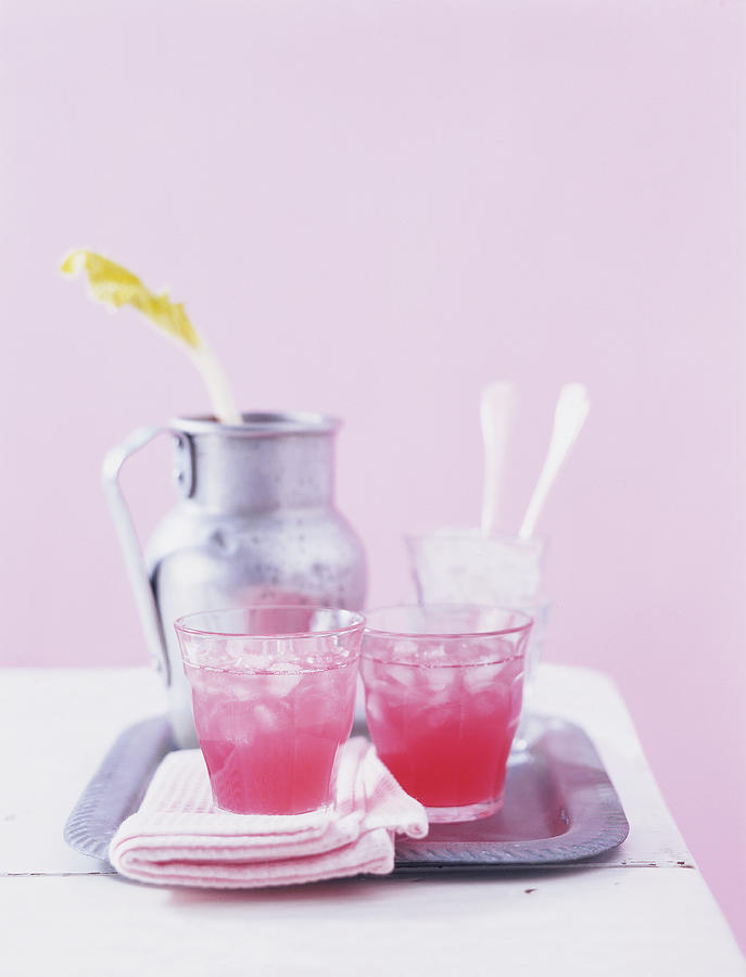 Rhubarb Mallow Drink With Cinnamon Sticks And Napkin On Metal Tray Photograph by Jalag / Janne Peters