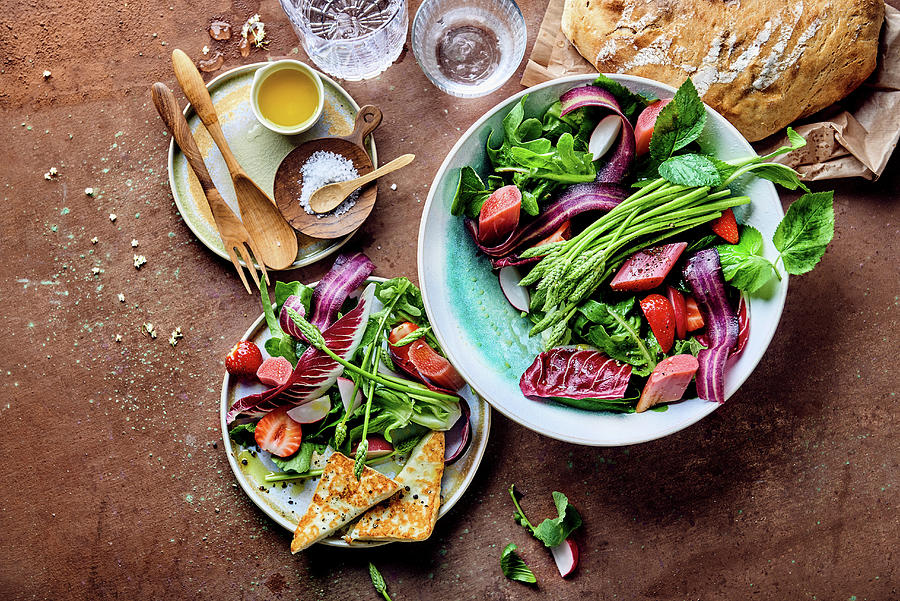 Rhubarb Salad With Wild Asparagus, Strawberries, Radicchio, Oak Leave Lettuce And Grilled Cheese Photograph by Angelika Grossmann