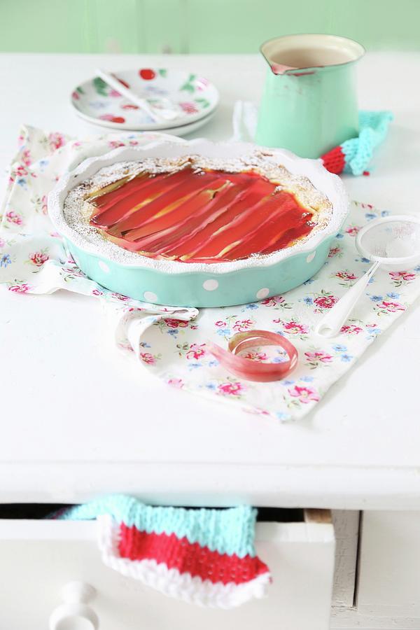 Rhubarb Tart In Turquoise Flan Dish On Floral Fabric Photograph by Syl Loves