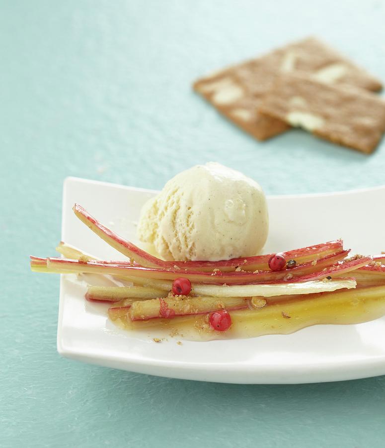 Rhubarb With Five-pepper Mix And Vanilla Ice Cream Photograph by Atelier Mai 98