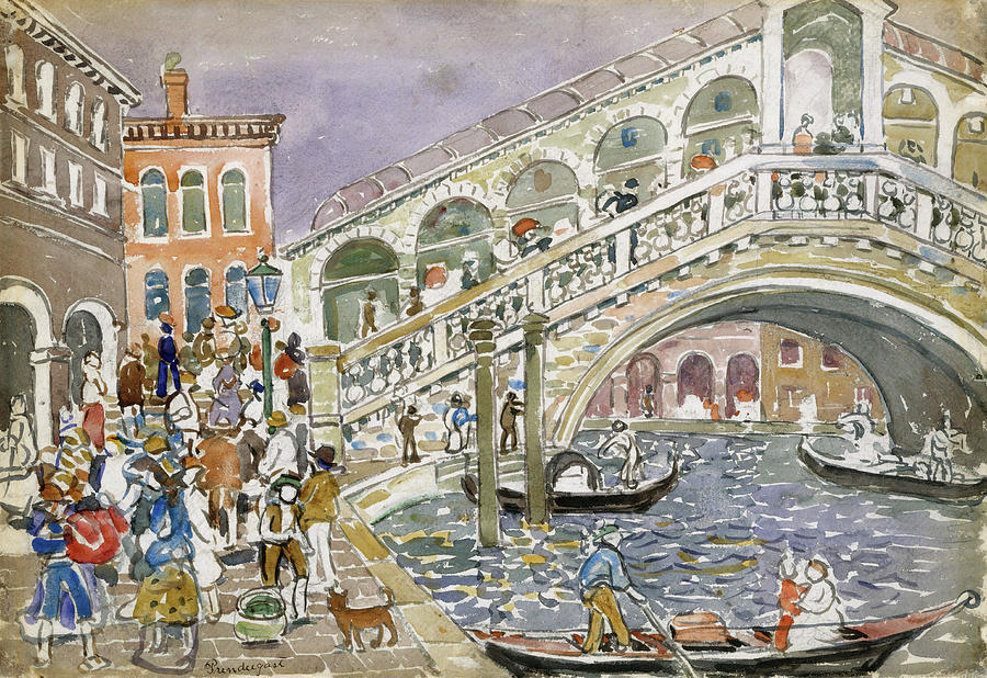 Graphite Painting - Rialto Bridge -Covered Bridge, Venice-. by Maurice Brazil Prendergast
