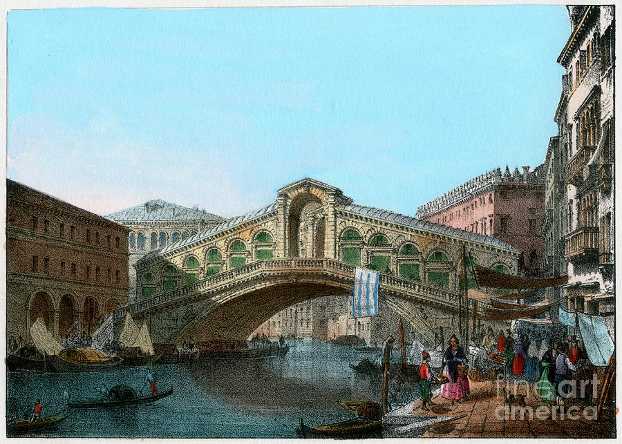Rialto Bridge, Venice, Italy, 19th Drawing by Print Collector
