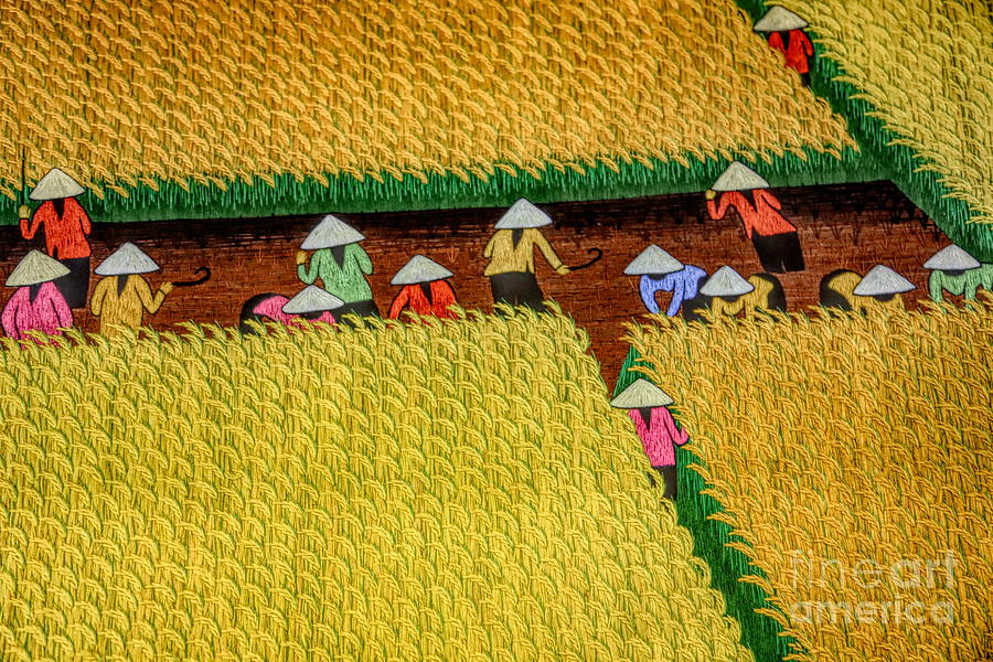 Rice Field Harvest Embroidery Silk Asian  Photograph by Chuck Kuhn