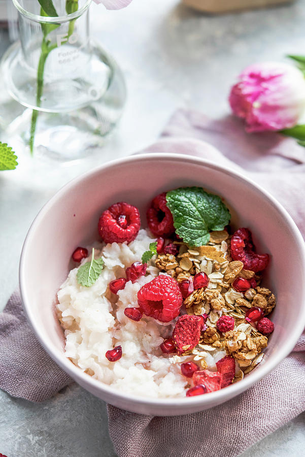 Rice Flakes With Granola, Mint And Raspberries Photograph by Diana Kowalczyk