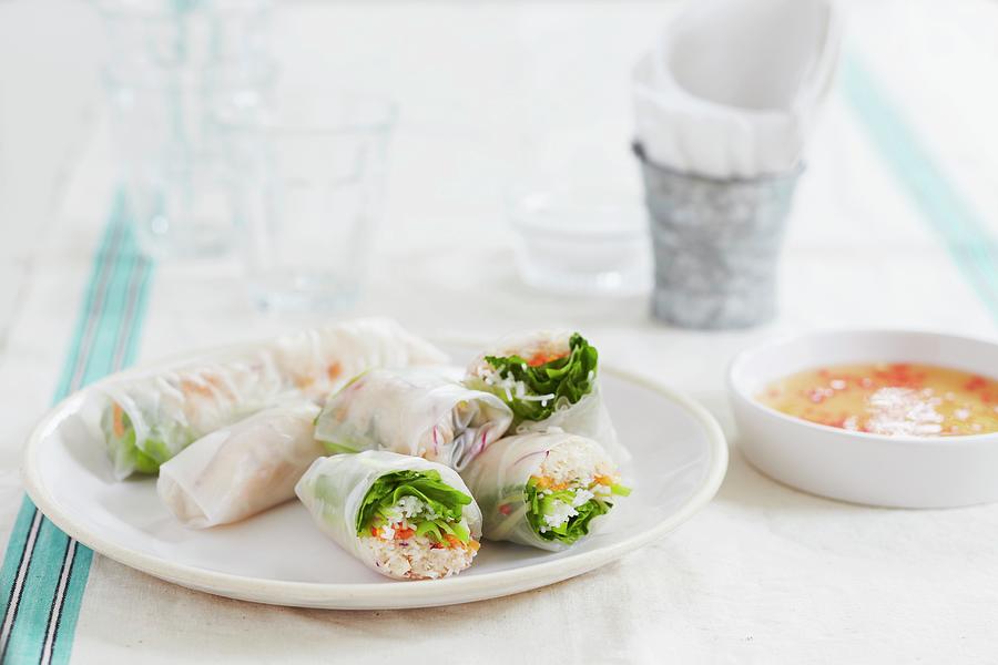 Rice Paper Rolls Filled With Carrots, Rice Noodles, Shrimps And Chilli Dip vietnam Photograph by Charlotte Tolhurst