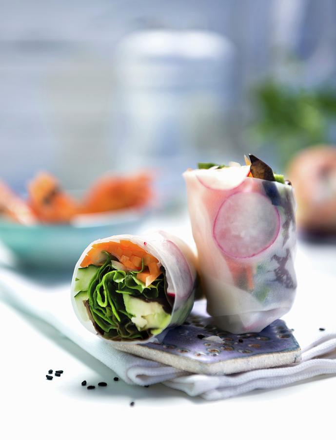 Rice Paper Rolls Filled With Vegetables And Sesame Seeds asia Photograph by Komar