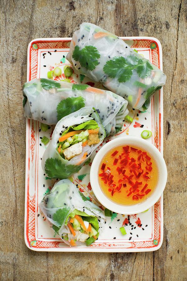 Rice Paper Rolls With Vegetables And A Chilli Dip Photograph by Sporrer/skowronek