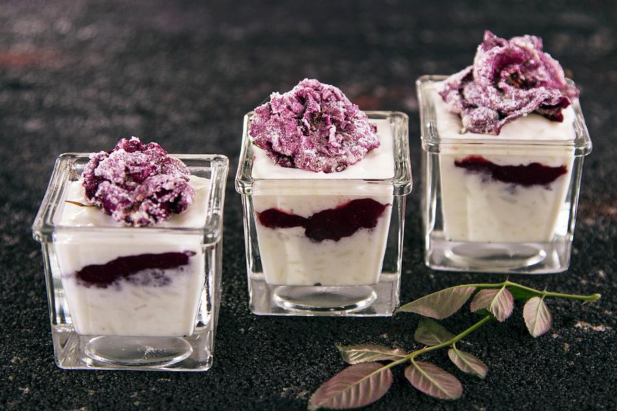 Rice Pudding With Blueberries And Candid Rose Petals Photograph by Monika Halmos