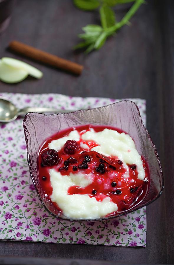 Rice Pudding With Elderberry, Apple And Blackberry Compote Photograph by Mandy Reschke