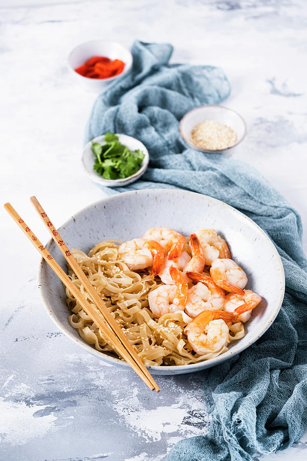 Rice Sticky Noodles With Shrimps Photograph by Bozena Garbinska