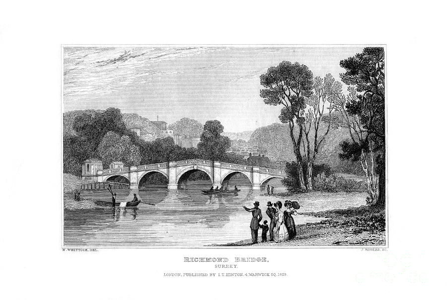 Architecture Drawing - Richmond Bridge, London, 1829.artist J by Print Collector
