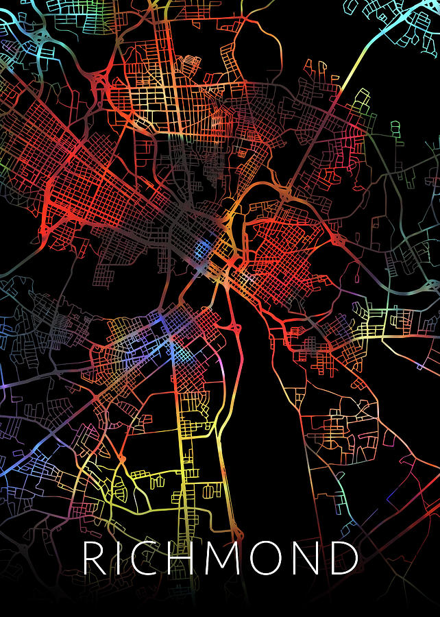 Richmond Mixed Media - Richmond Virginia Watercolor City Street Map Dark Mode by Design Turnpike