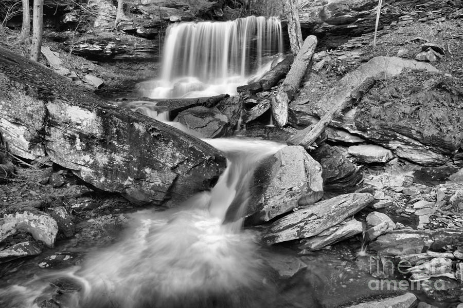 Waterfall Photograph - Ricketts Glen Double Falls Black And White by Adam Jewell